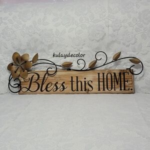 Farmhouse “Bless This Home” Wood & Metal Wall Decor Rustic Scrollwork Sign 19"